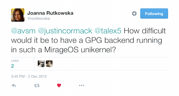rootkovska's tweet about MirageOS and Qubes OS